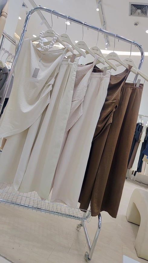 Ladies Safin Twist Asymmetrical Sleeves Blouse With Trousers Sets